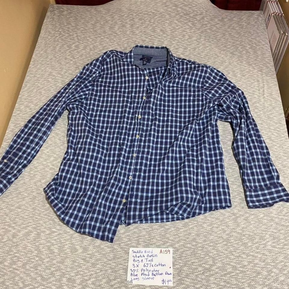 Saddlebred blue plaid button down shirt big & tall men 3X. SKU-A159 #plaid